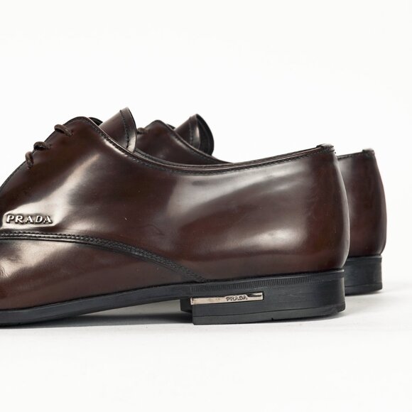 Prada Brown Spazzolato Leather Lace-Up Derbies - Picture 8 of 12